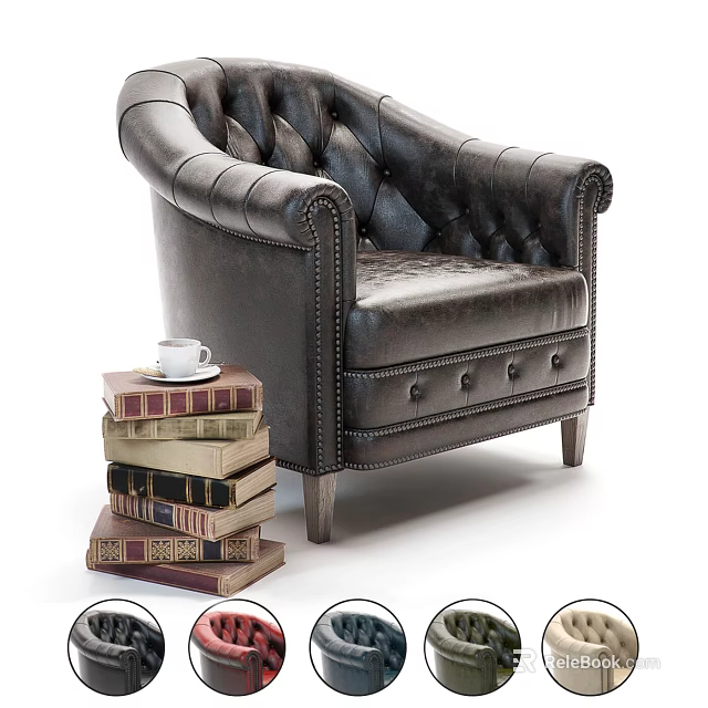 Classic Leather Single Sofa With Tufted Design Stack of Books And Coffee Cup 3d model 