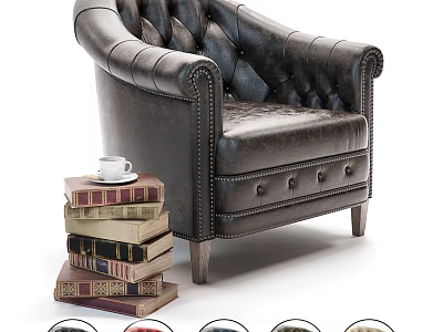 Classic Leather Single Sofa With Tufted Design Stack of Books And Coffee Cup 3d model