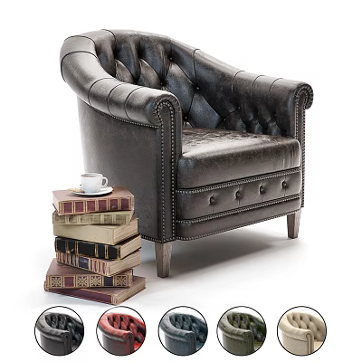 Classic Leather Single Sofa With Tufted Design Stack of Books And Coffee Cup 3d model