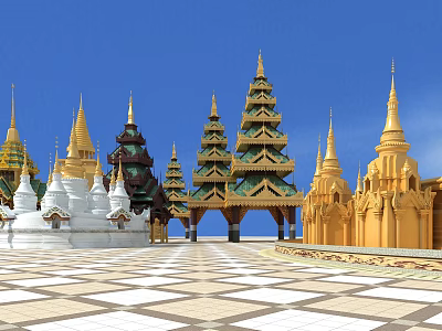 Buddhist Pagodas Featuring Golden White Green Brown Tiered Spires Against Blue Sky in Geometric Courtyard 3d model