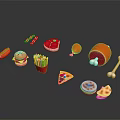 Assorted Food Items Including Hot Dog Burger Fries Pizza and Meat Products