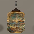 Three Traditional Chinese Style Pendant Lights With Landscape Prints And Wooden Frames