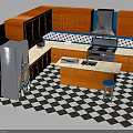 Kitchen Interior With Wooden Cabinets Stainless Steel Refrigerator Island And Black White Checkered Floor