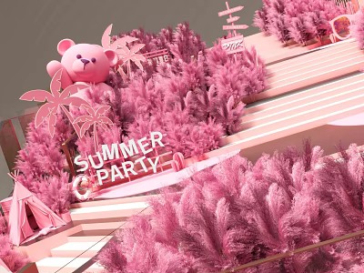 Vibrant Summer Party Scene With Pink Fluffy Plants Teddy Bear And Tent 3d model