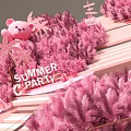 Vibrant Summer Party Scene With Pink Fluffy Plants Teddy Bear And Tent