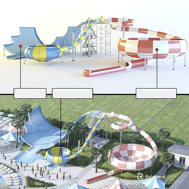 Outdoor Water Park Playground Equipment with Blue Yellow Red White Slides and Palm Trees 3d model 