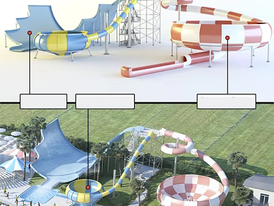 Outdoor Water Park Playground Equipment with Blue Yellow Red White Slides and Palm Trees 3d model