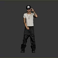 Casual Outfit With Black Cap White T-shirt And Black Pants On Gray Background