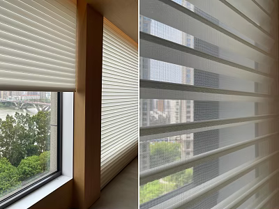 White Window Blinds Filtering Light With Natural View Of Green Trees And River 3d model
