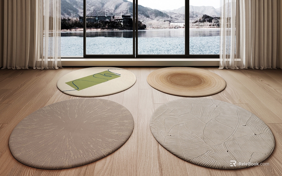 Round Rugs With Various Textures On Wooden Floor By Large Windows Overlooking Lake And Mountain 3d model 