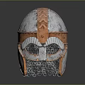 Viking Style Warrior Helmet With Silver Copper Accents Decorative Patterns And Face Guard