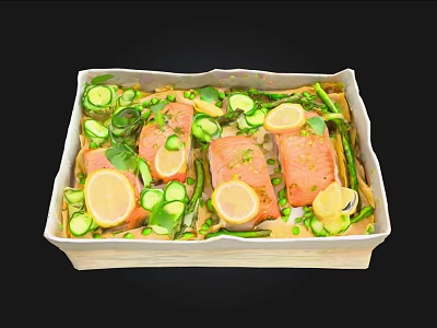Baked Salmon Fillets With Lemon Slices Asparagus Cucumber And Fresh Herbs In White Baking Dish 3d model
