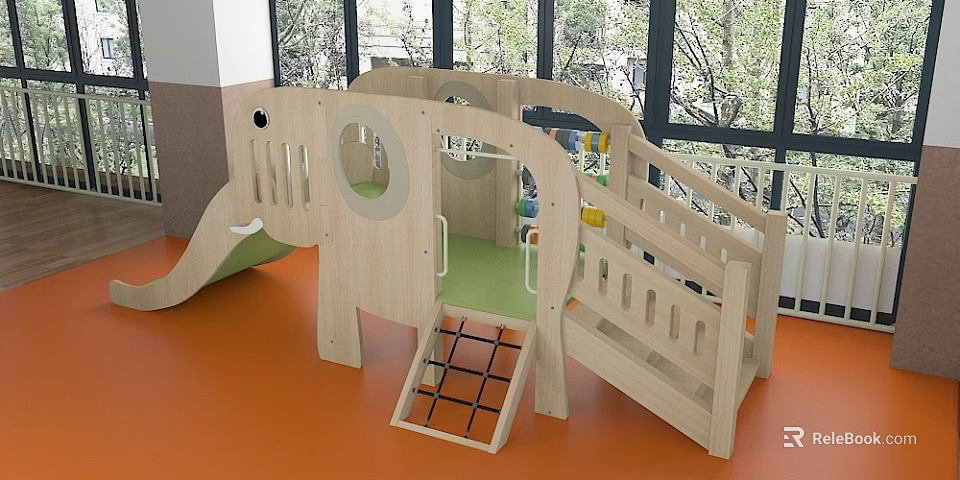 Kindergarten Indoor Play Space With Wooden Slide Climbing Structure And Orange Floor 3d model 