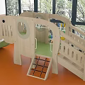Kindergarten Indoor Play Space With Wooden Slide Climbing Structure And Orange Floor