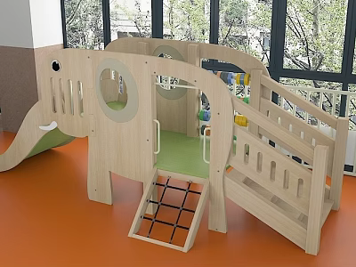 Kindergarten Indoor Play Space With Wooden Slide Climbing Structure And Orange Floor 3d model