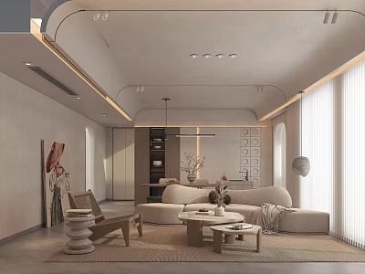 Modern Living Dining Room With Beige Sofa Wooden Coffee Table Simple Lighting And Floor to Ceiling Windows 3d model