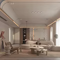 Modern Living Dining Room With Beige Sofa Wooden Coffee Table Simple Lighting And Floor to Ceiling Windows