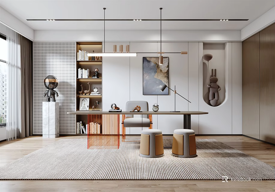 Modern Study Room Interior With Bookshelves Writing Desk Chair And Pendant Lights 3d model 