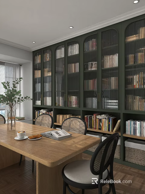 Modern Interior Design With Dark Green Wooden Bookshelves Filled With Books Dining Table And Plant 3d model 