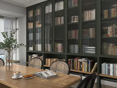 Modern Interior Design With Dark Green Wooden Bookshelves Filled With Books Dining Table And Plant 3d model