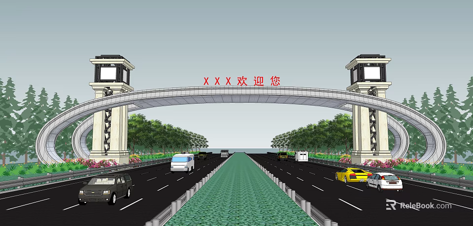 Grand Arched Entrance Gate With Twin Towers Flower Beds Trees And Vehicles On Road 3d model 