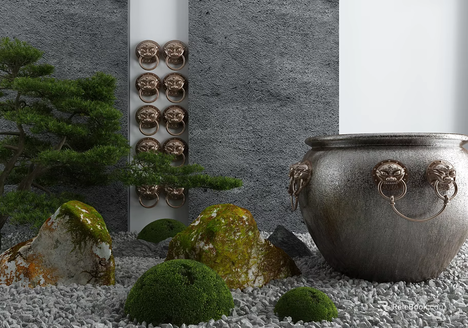 Japanese Style Garden Ornaments with Moss Covered Rocks Bonsai Tree and Brass Urn 3d model 