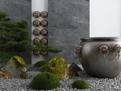 Japanese Style Garden Ornaments with Moss Covered Rocks Bonsai Tree and Brass Urn 3d model
