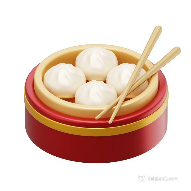 Delicious Steamed Buns in Red and Yellow Steamer with Chopsticks 3d model 