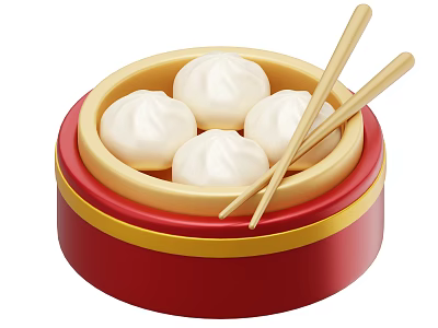 Delicious Steamed Buns in Red and Yellow Steamer with Chopsticks 3d model