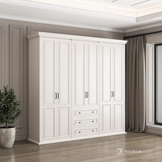 White Wardrobe With Multiple Doors And Drawers Against Light Colored Walls Near Curtains And Plant 3d model 