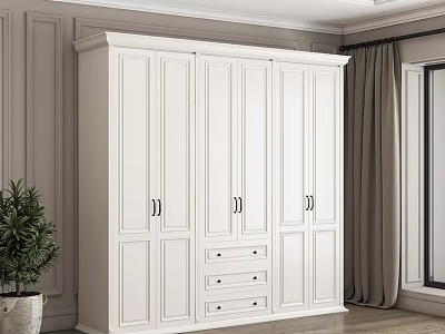 White Wardrobe With Multiple Doors And Drawers Against Light Colored Walls Near Curtains And Plant 3d model