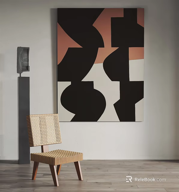 Abstract Painting Featuring Black Pink White Beige Tones With Woven Chair And Floor Lamp 3d model 