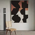 Abstract Painting Featuring Black Pink White Beige Tones With Woven Chair And Floor Lamp