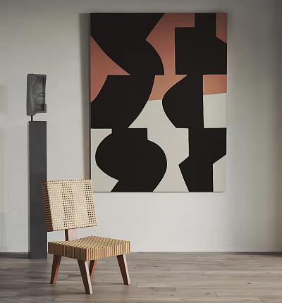 Abstract Painting Featuring Black Pink White Beige Tones With Woven Chair And Floor Lamp 3d model