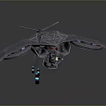 Sleek Futuristic Blue Geometric Drone Model With Red Glowing Thrusters Front Cannon And Yellow Beam