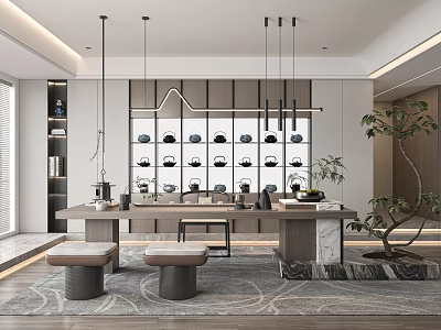 Modern Tea Room Interior Design With Tea Sets Display Wooden Table Seats Hanging Lights Greenery 3d model