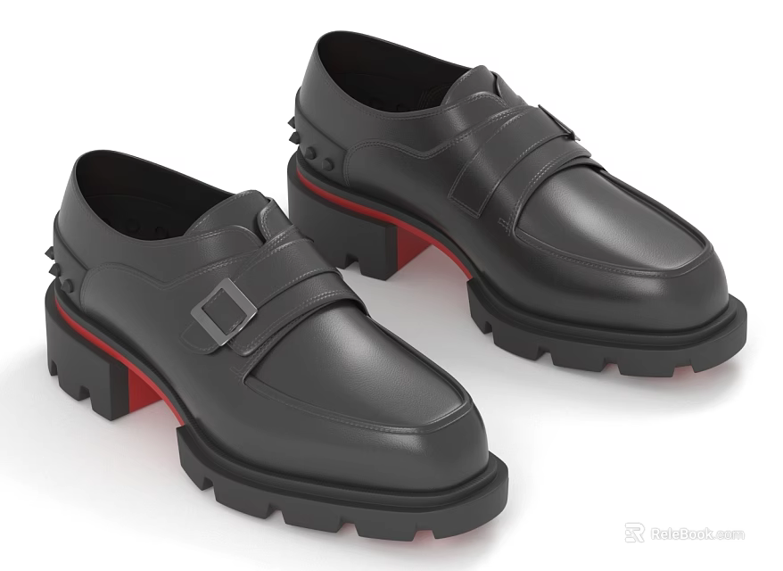 Stylish Black Leather Shoes With Buckle Straps And Thick Red Accent Soles 3d model 