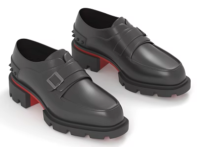Stylish Black Leather Shoes With Buckle Straps And Thick Red Accent Soles 3d model