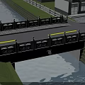 White Railed Bridge Spanning Canal With Red Brick Buildings Blue Awnings Road And Green Grass