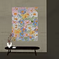 Colorful Flower Oil Painting with Textured Brushstrokes on Gray Wall and Black Table