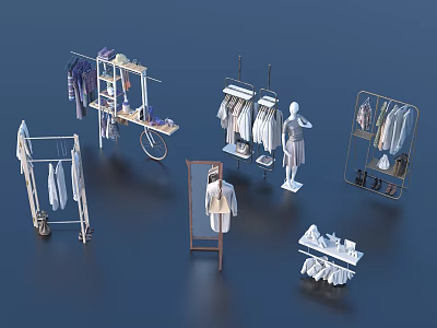Stylish Clothes Display with Clothing Racks Mannequins and Hanging Apparel 3d model