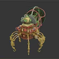 Ornate Steampunk Mechanical Spider Equipment With Metallic Legs Transparent Dome And Green Gemstone