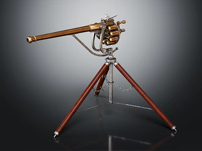 Vintage Gatling Gun With Brass Barrels Wooden Tripod And Metal Components 3d model