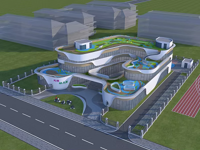 Modern Community Center Building With Green Roof Playground Track And Glass Facade 3d model