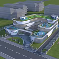 Modern Community Center Building With Green Roof Playground Track And Glass Facade
