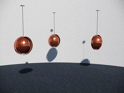 Three Copper Spherical Pendant Lights Hanging Against White Background With Dark Floor 3d model