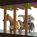 Wooden Pergola With Vines Purple Flowers Horse And Carriage On Stone Paved Ground