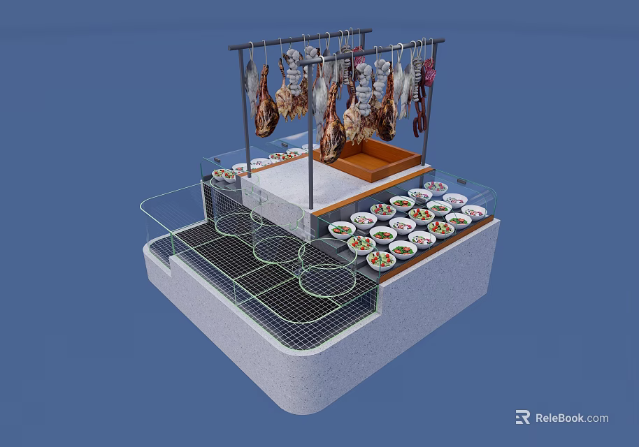 Open Display Counter with Hanging Meat and Fresh Dishes on Metal Rack and Glass Counter 3d model 