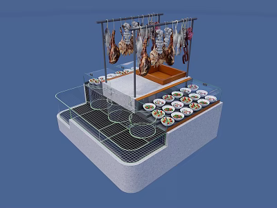 Open Display Counter with Hanging Meat and Fresh Dishes on Metal Rack and Glass Counter 3d model