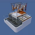 Open Display Counter with Hanging Meat and Fresh Dishes on Metal Rack and Glass Counter